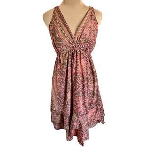 Mamey by Mira Boutique Silky Paisley Boho Dress Festival Feminine Ruffled V-Neck
